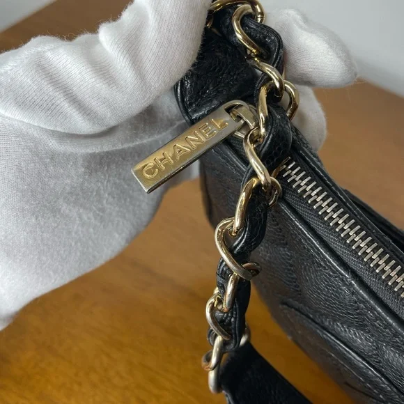 Auth Classic Chanel Black Caviar Hobo Chain Gold HW Handbag Pochette - Picture 10 of 16